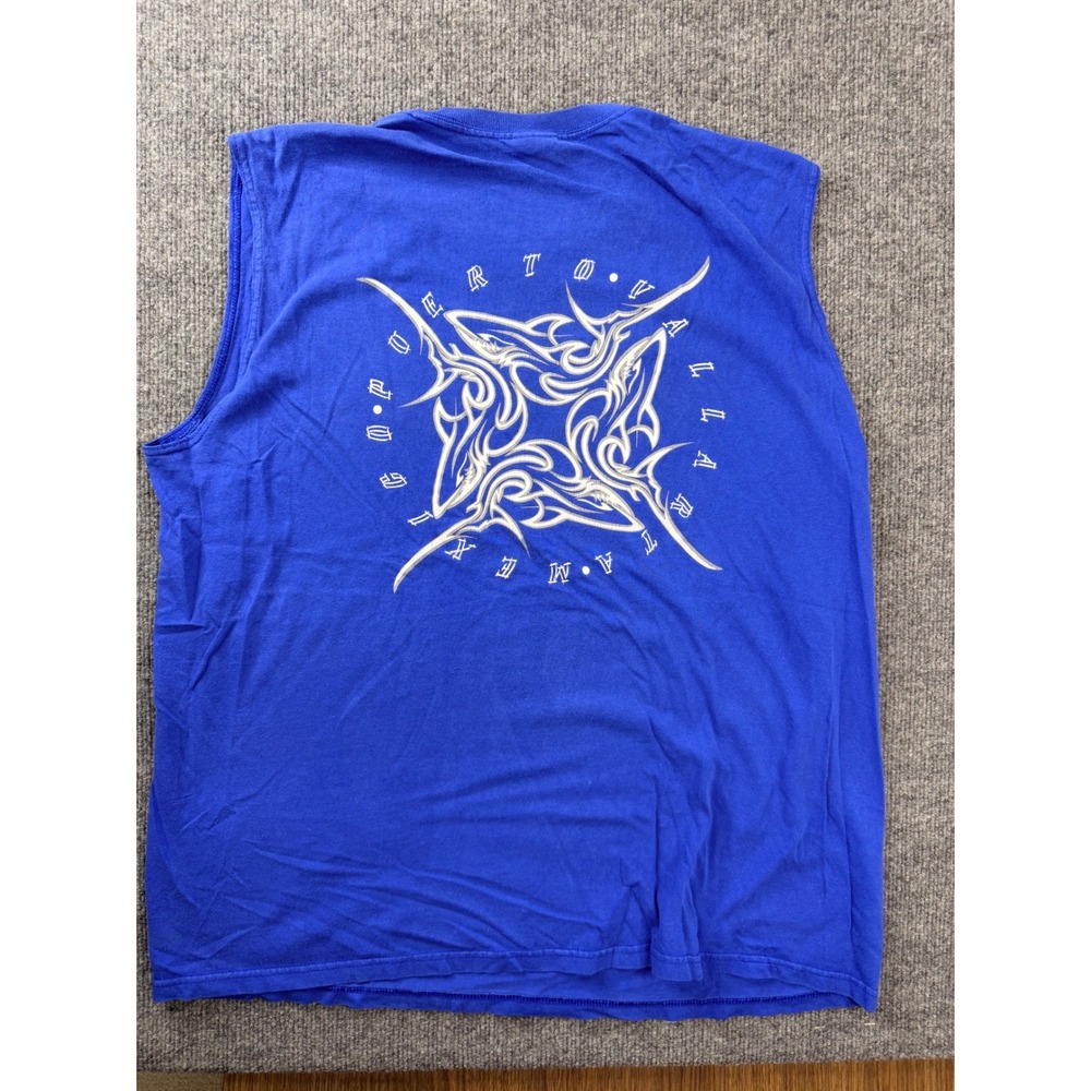 Vintage Yazbek Mens XL Blue Heavyweight Cotton Muscle Tee Puerto Vallarta Shark